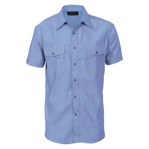 Mens Twin Flap Pocket Cotton Chambray Short Sleeve Shirt Thumbnail